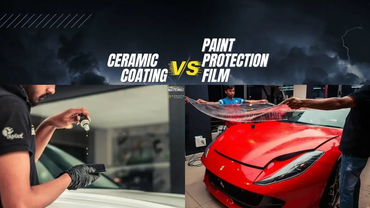 Side-by-side comparison of ceramic coating application and paint protection film installation on luxury cars.