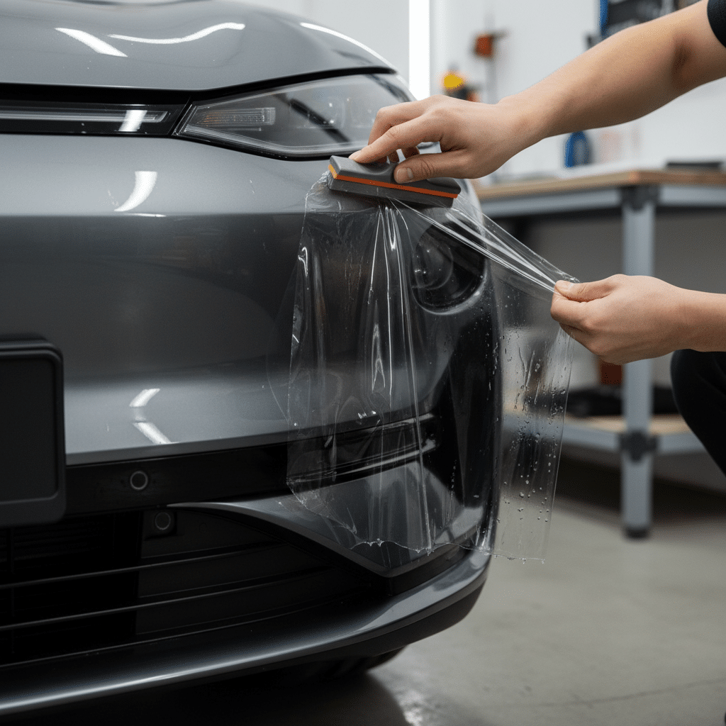 Close-up of PPF being applied to the front bumper of a Tesla or BMW electric vehicle