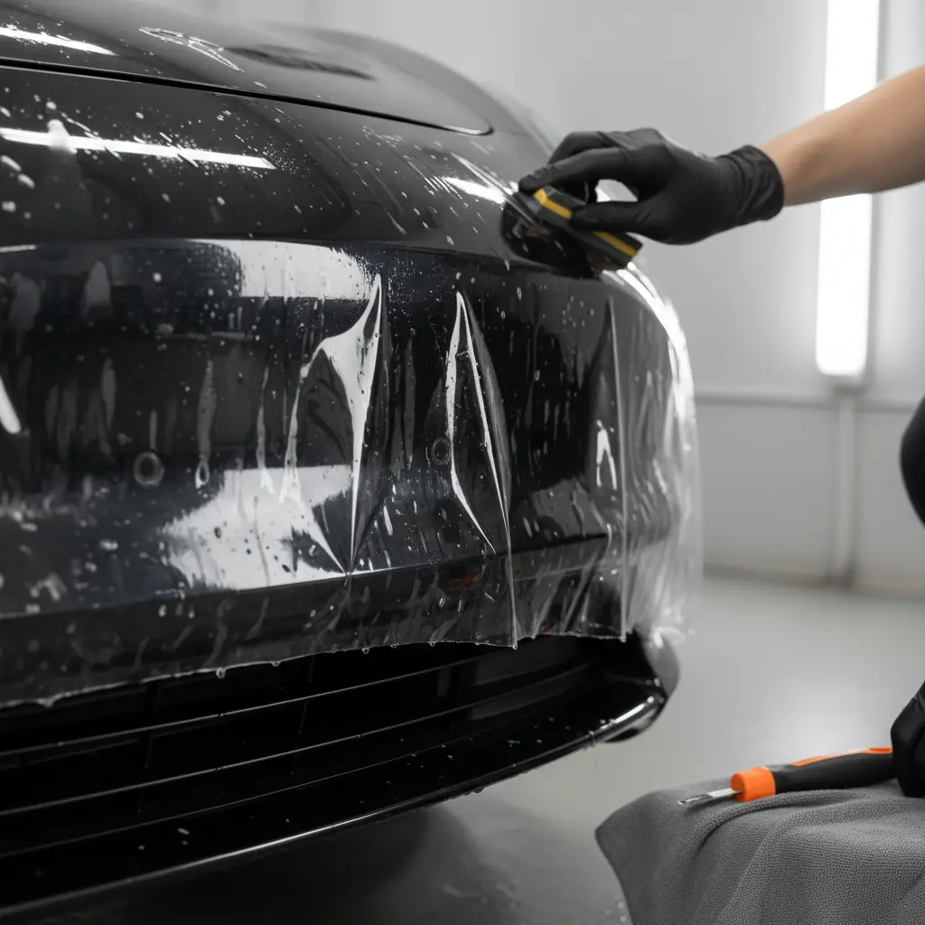 Modern electric vehicle (Tesla or similar) in a professional detailing bay with technician applying ceramic coating