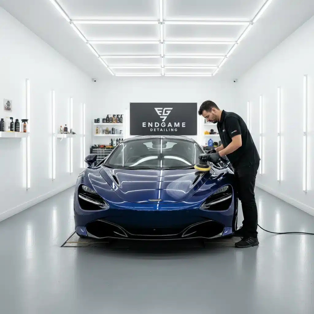 Professional car detailing service in Sydney workshop showing paint correction process