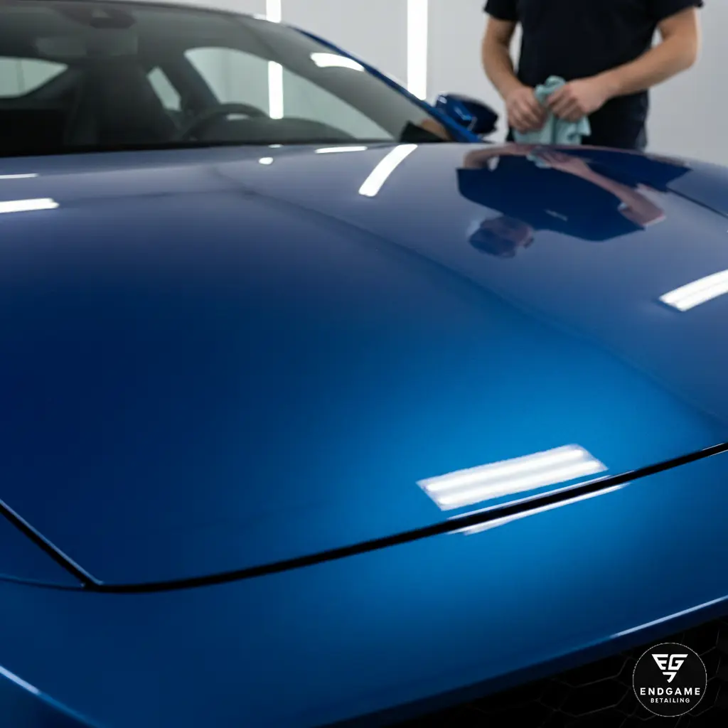 High-resolution image of a flawless, glossy car finish with deep reflections, showcasing the end result of professional scratch removal