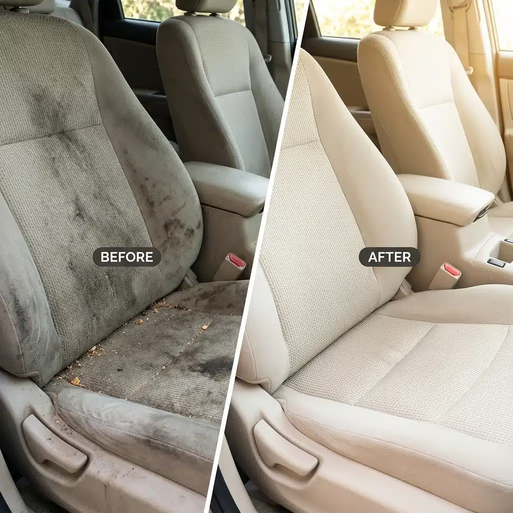 Image showing before after comparison of car interior steam cleaning, with clear difference in fabric appearance and cleanliness