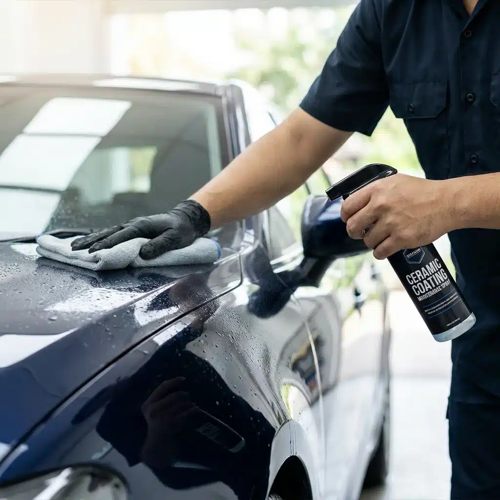 Professional close-up shot of a technician carefully applying ceramic coating maintenance spray to a car surface