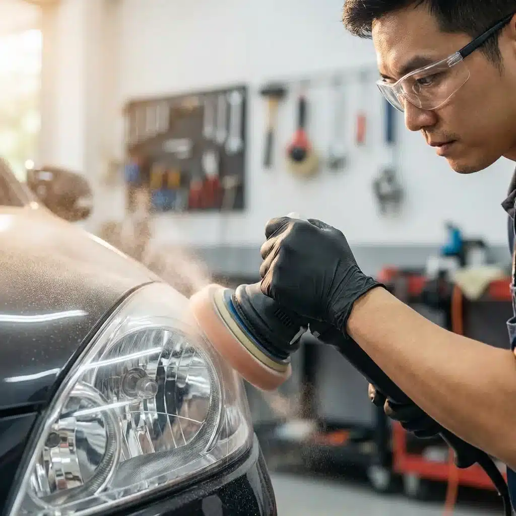 Professional close-up shot of an expert technician carefully sanding or polishing a headlight.