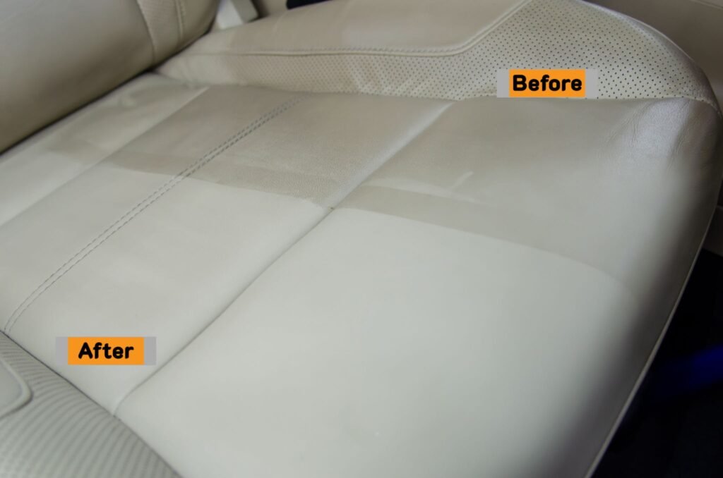 Before and after the leather seat cleaning service.