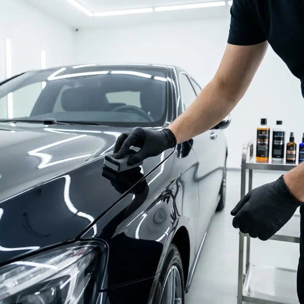Professional detailer applying ceramic coating to a dark-coloured luxury vehicle in a clean, well-lit studio — conveying precision, expertise, and premium care