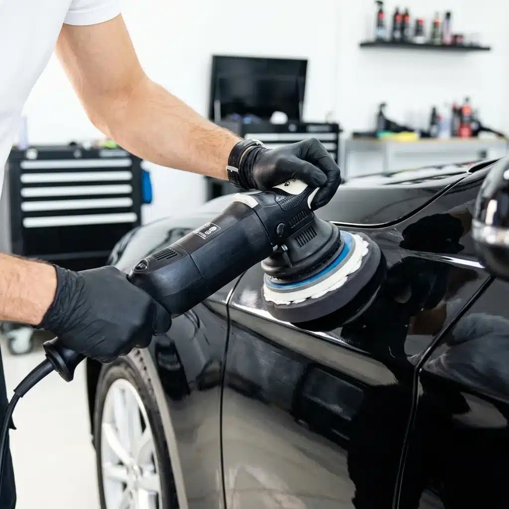 Professional technician using a machine polisher on a car panel, close-up showing careful technique and attention to detail.