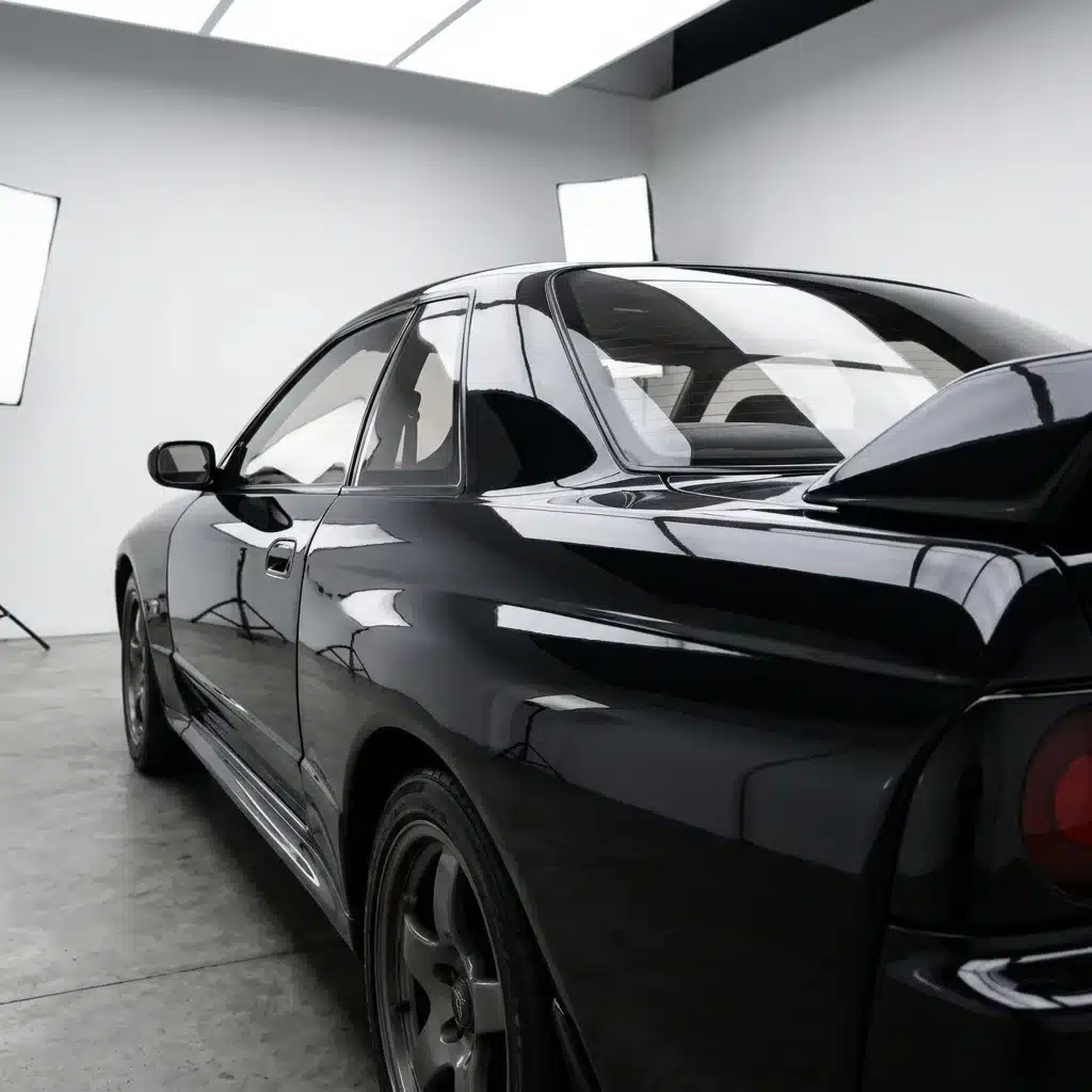 A gleaming black JDM sports car freshly detailed under studio lighting, paint reflecting like glass.