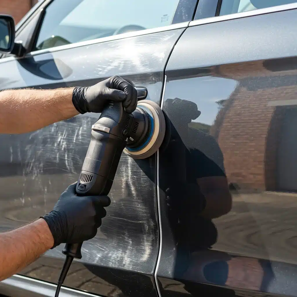 Close-up of a detailer using a dual-action polisher on a dark metallic panel, swirl marks visible on one half and perfectly corrected paint on the other.